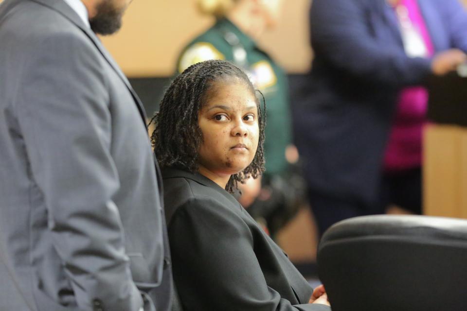 Keosha Carn appears in a West Palm Beach courtroom on May 20, 2024. Jurors convicted her of first-degree murder in connection with the 2021 death of 16-year-old Tamia Johnson.