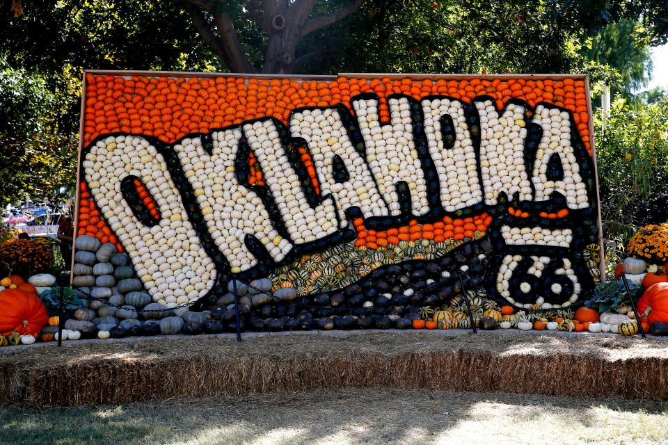 Decorations are pictured at Pumpkinville at the Myriad Botanical Gardens in Oklahoma City, Tuesday, Oct., 10, 2023.