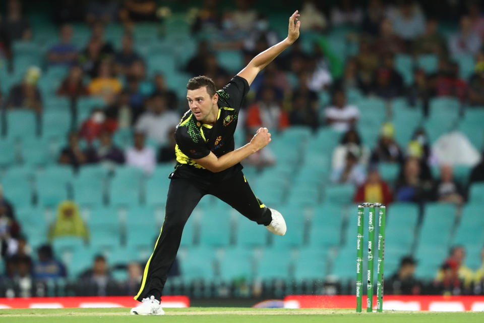 Josh Hazlewood, pictured here in action for Australia against Sri Lanka in the first T20 at the SCG.