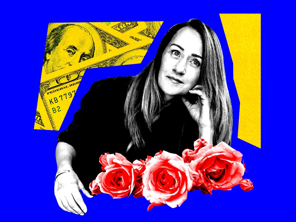 A graphic of a woman surrounded by roses and hundred-dollar bills.