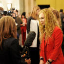 Juno Temple is interviewed backstage at the Mulberry show © Getty