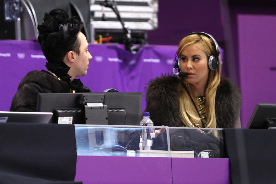 <p>Johnny Weir (L) and Tara Lipinski look on during the Ladies Single Skating Short Program on day twelve of the PyeongChang 2018 Winter Olympic Games at Gangneung Ice Arena on February 21, 2018 in Gangneung, South Korea. (Photo by Maddie Meyer/Getty Images) </p>