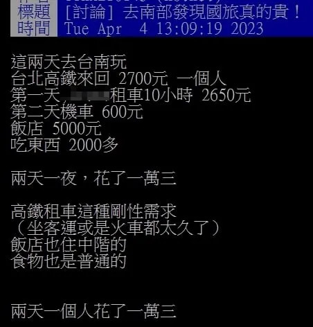 台南2天1夜噴13K！他嘆「國旅真的貴」不如出國　網見明細搖頭了