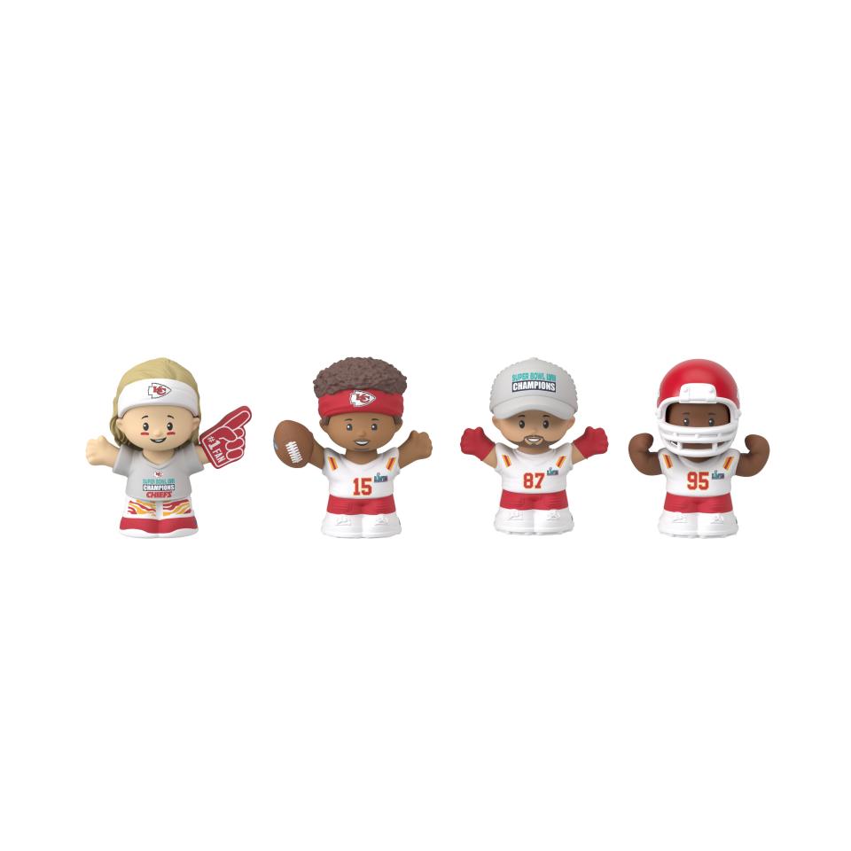 Fisher-Price's Little People Collector Set commemorating the Super Bowl LVII Champion Kansas City Chiefs ($30), has four miniature figurines representing, from left, a Chiefs super fan, quarterback Patrick Mahomes, tight end Travis Kelce and defensive tackle Chris Jones.