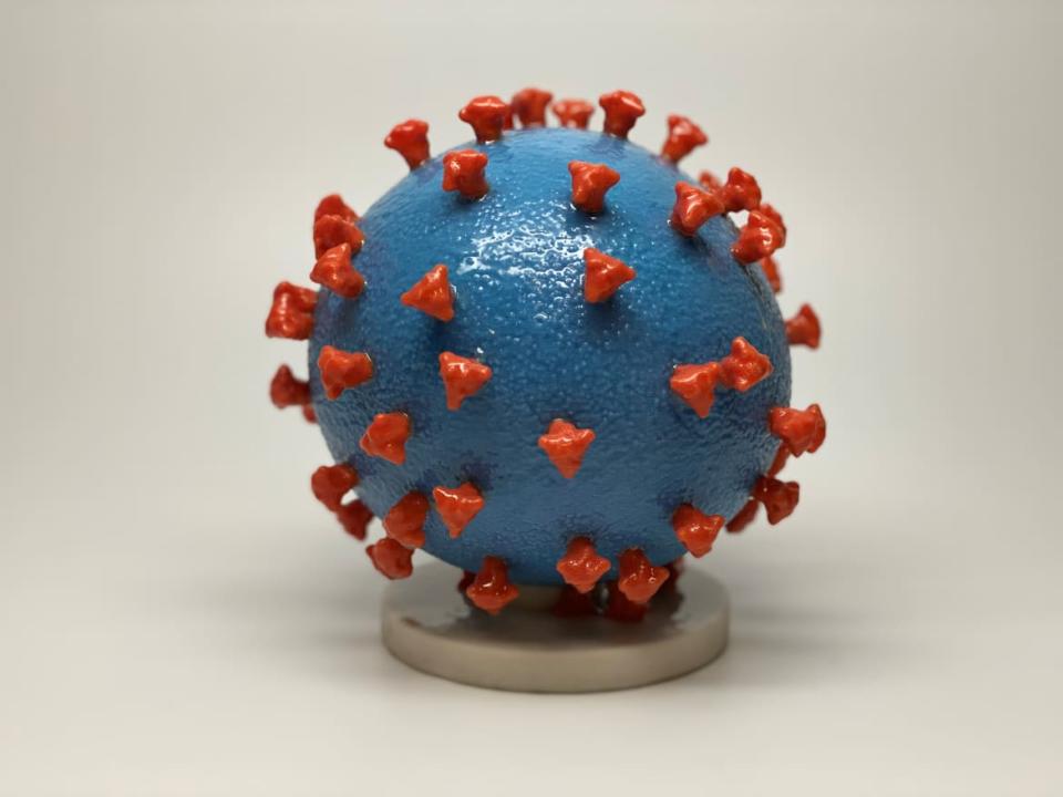 <div class="inline-image__caption"><p>A 3-D print of a SARS-CoV-2 particle, also known as the novel coronavirus, show the virus surface (blue) is covered with spike proteins (red) that enable the virus to enter and infect human cells. </p></div> <div class="inline-image__credit">NIH via Reuters</div>