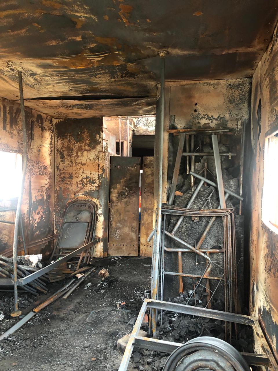 A fire in February 2023 badly damaged the inside of the red Main Street Caboose in downtown Alliance. Picture of the interior shown here on April 5, 2023.