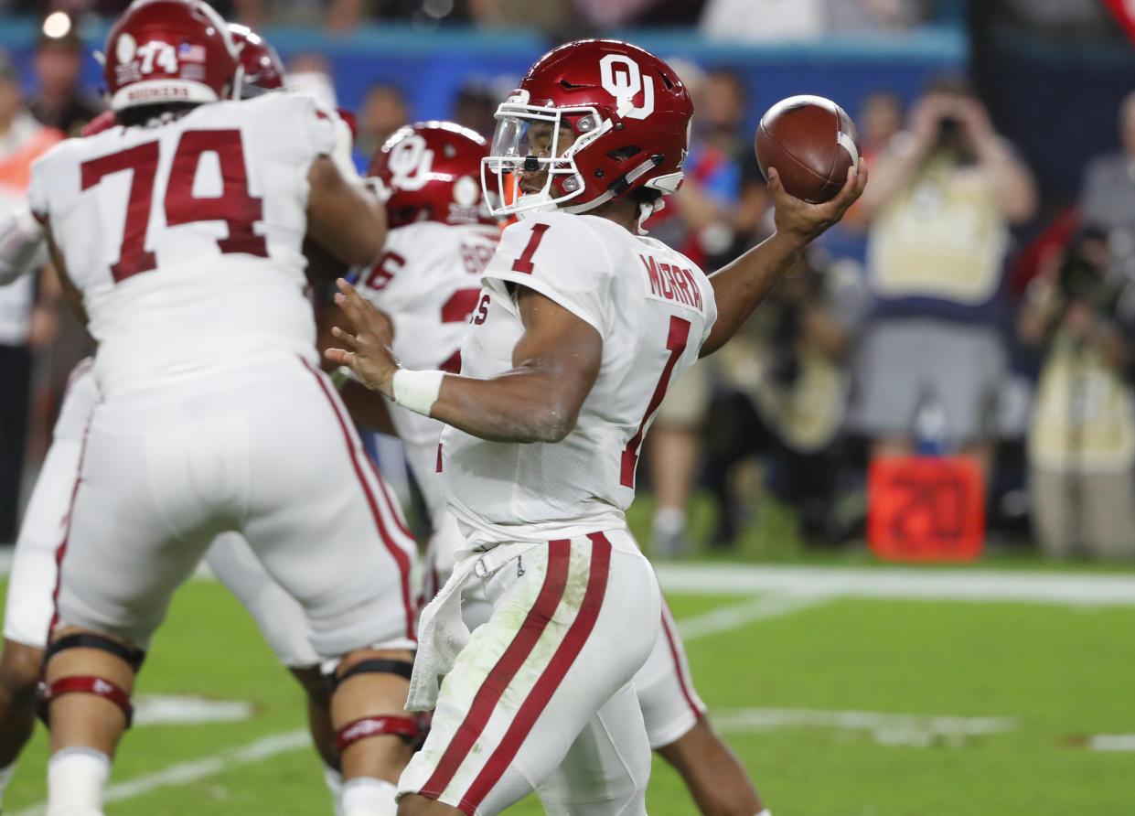 Oklahoma quarterback Kyler Murray says he has officially put his name in the NFL draft. (AP Photo/Wilfredo Lee, File)