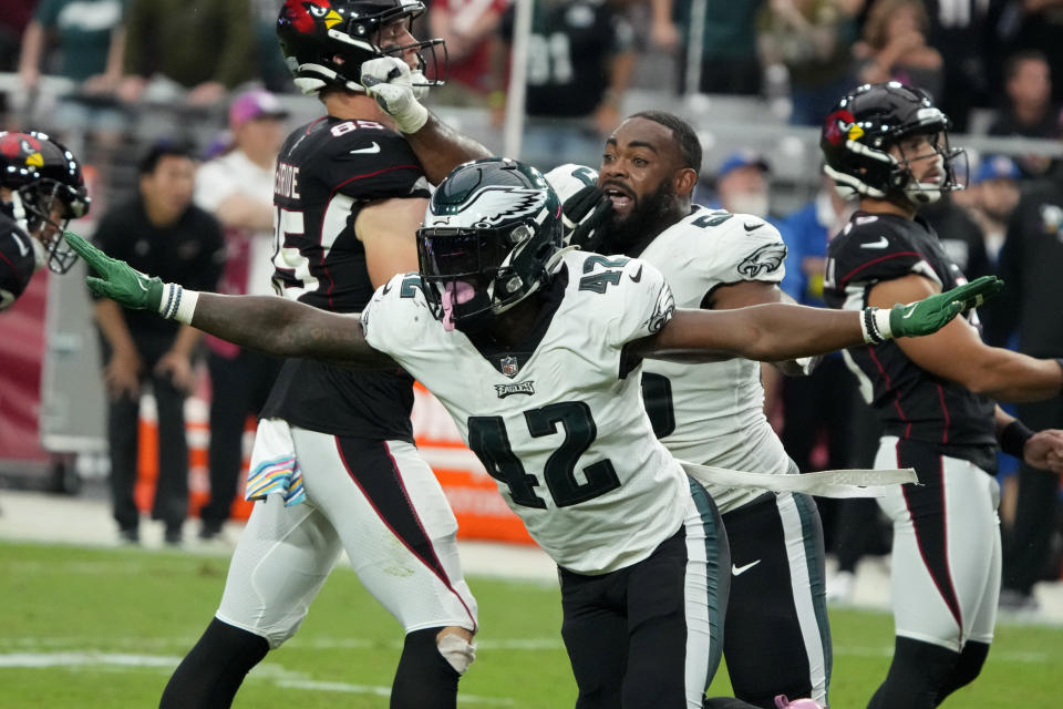 Philadelphia Eagles safety K'Von Wallace (42) celebrates after the Arizona Cardinals missed a field goal attempt during the second half an NFL football game, Sunday, Oct. 9, 2022, in Glendale, Ariz. (AP Photo/Rick Scuteri)