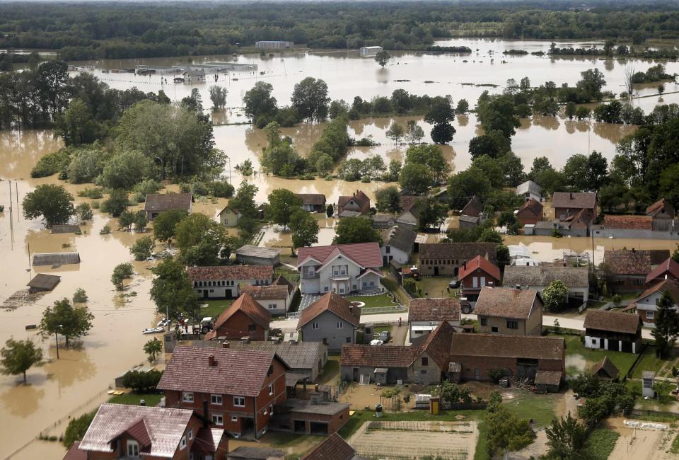 An aerial view of the flooded city of Orasje