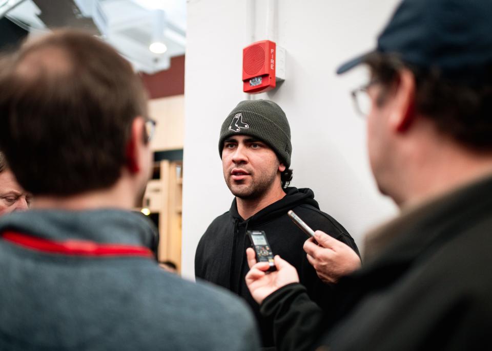 Boston Red Sox prospect Marcelo Mayer talks with reporters during the Red Sox Development Program inside the Sox clubhouse at Fenway Park on Wednesday.