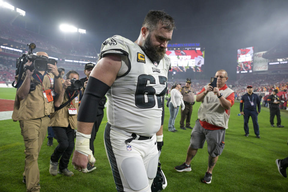 Philadelphia Eagles center Jason Kelce walks off the field following an NFL wild-card playoff football game against the Tampa Bay Buccaneers, Monday, Jan. 15, 2024, in Tampa, Fla. The Buccaneers won 32-9. (AP Photo/Phelan M. Ebenhack)