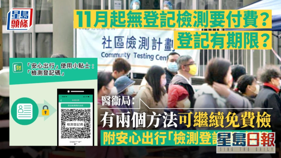 11月8日起，市民只要進行網上預約或使用「安心出行」的「檢測登記碼」作登記，便可接受免費檢測。