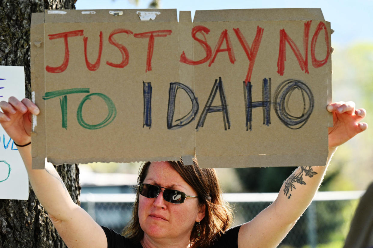 Opponents of the Greater Idaho Movement gather in Enterprise, Ore., on May 12, 2023.  (Robyn Beck / AFP - Getty Images)