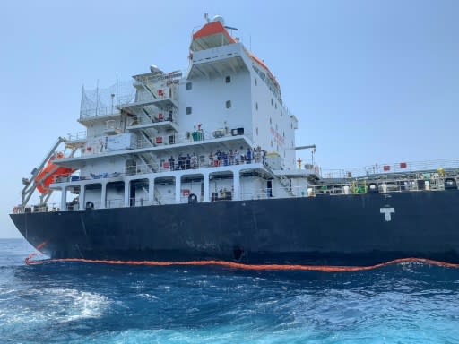 A picture taken during a guided tour by the US Naval Forces Central Command, or NAVCENT, shows damage to the hull of the Japanese-owned tanker Kokuka Courageous off the port of the Gulf emirate of Fujairah on June 19, 2019