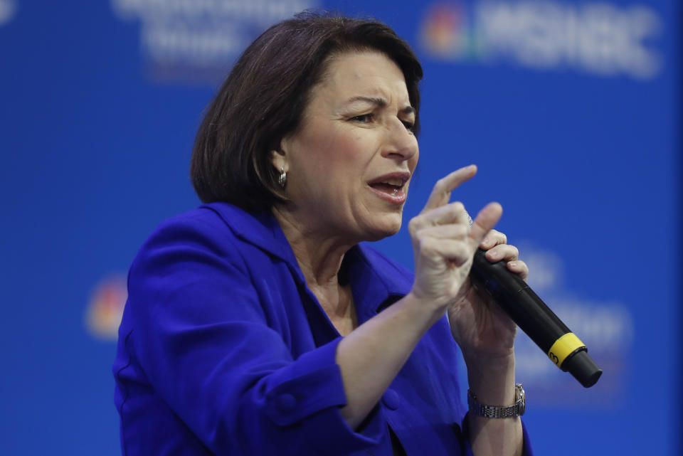 Democratic presidential candidate Sen. Amy Klobuchar, D-Minn., one of seven scheduled Democratic candidates participating in a public education forum, makes opening remarks, Saturday, Dec. 14, 2019, in Pittsburgh. Topics at the event planned for discussion ranged from student services and special education to education equity and justice issues. (AP Photo/Keith Srakocic)