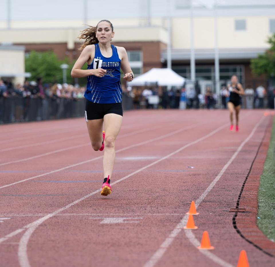 Middletown’s Isabelle Walsh wins the Division I girls 1,600-meter run at the DIAA Track & Field Championships at Dover High on Saturday, May 20, 2023.