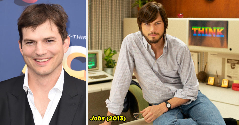 Ashton on the red carpet and Ashton posing in front of a computer dressed as Steve Jobs