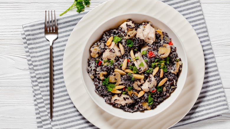 Wild rice with chicken, herbs, and almonds