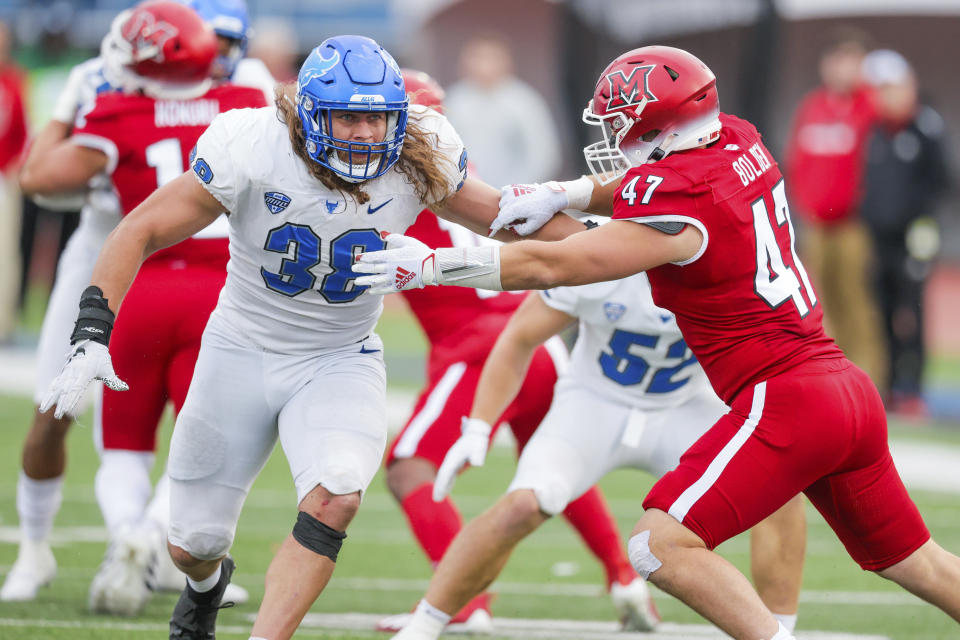 This Oct. 1, 2022, photo provided by University of Buffalo Athletics shows University at Buffalo NCAA college football player Damian Jackson (38) playing against Miami (Ohio) in Buffalo, N.Y. Jackson has no expectation of growing emotional in preparing to play the final game of his college career next week. (Paul Hokanson/Univ. of Buffalo Athletics via AP)