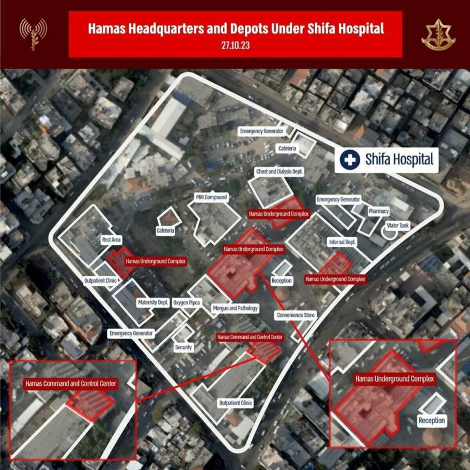 以色列聲稱哈瑪斯指揮和行動中心位於加薩的希法醫院下方   翻攝自X帳號X帳號「OSINTdefender」
