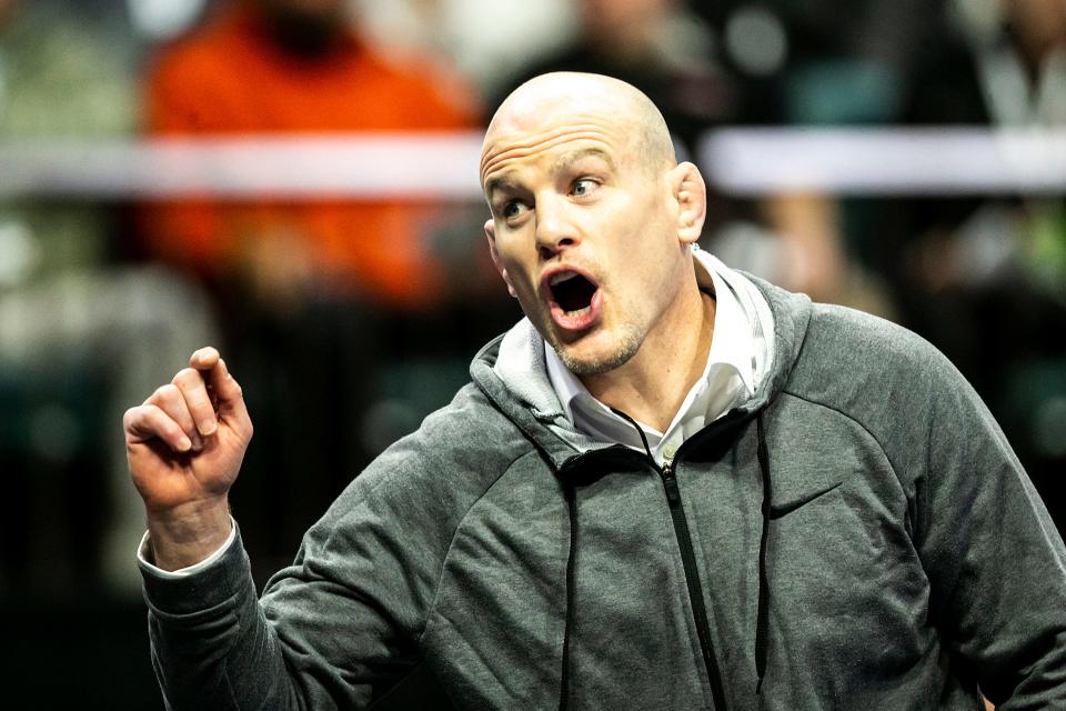 Penn State head coach Cael Sanderson reacts during the fourth session of the NCAA Division I Wrestling Championships, Friday, March 17, 2023, at BOK Center in Tulsa, Okla.