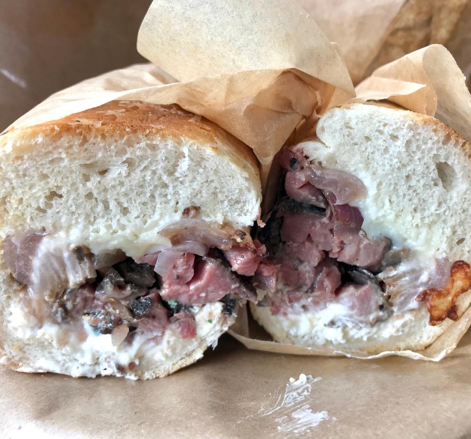 Riley's Sandwich Co. in Shorewood makes its steak sandwiches with filet. This one is the Steak Kensington, Oakland style: medium-rare beef with house garlic spread, mushroom, onion and cheese.