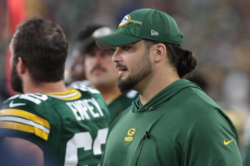 GREEN BAY, WI - AUGUST 19: Green Bay Packers offensive tackle David Bakhtiari (69) looks on during a game between the Green Bay Packers and the New England Patriots on August 19, 2023 in Green Bay, WI. (Photo by Larry Radloff/Icon Sportswire via Getty Images)