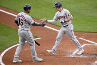 Houston Astros' Myles Straw, right, celebrates his home run with Martin Maldonado (15) during the second inning of a baseball game against the Baltimore Orioles, Tuesday, June 22, 2021, in Baltimore. (AP Photo/Nick Wass)