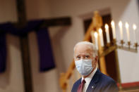 Democratic presidential candidate, former Vice President Joe Biden listens as clergy members and community activists speak during a visit to Bethel AME Church in Wilmington, Del., Monday, June 1, 2020. (AP Photo/Andrew Harnik)