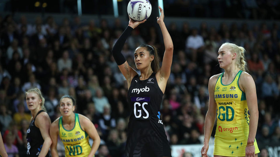 Maria Folau, pictured here shooting during the Constellation Cup match between New Zealand and Australia.