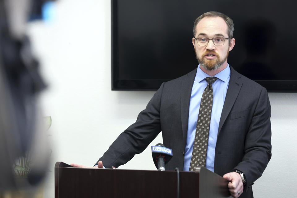 Christopher Peterson, legal director of the ACLU of Nevada, speaks during a news conference at the ACLU of Nevada offices Friday, Jan. 19, 2024, in Las Vegas. The news conference addressed questions relating to the release of Clark County School District Police body-worn camera footage depicting a CCSD police officer tackling and kneeling on a Black teen outside a Las Vegas high school last year. (Steve Marcus/Las Vegas Sun via AP)