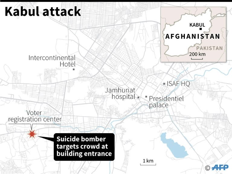 Map of Kabul, Afghanistan, locating the site of a voter registration station where a bomb killed many people on Sunday