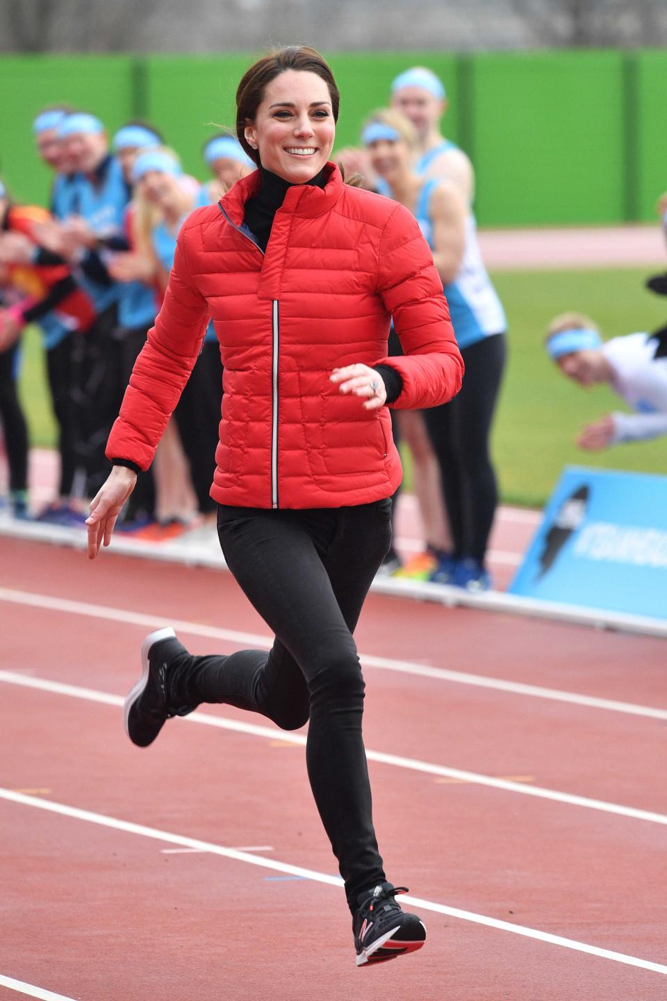 <p><b>When:</b> February 5, 2017 <b>Where:</b> <span>A Heads Together charity race at the Queen Elizabeth Olympic Park</span> <b>Wearing: </b>Perfect Moment Mini Duvet Quilted Down Ski Jacket, $450; <span>net-a-porter.com </span>New Balance Women's 77v1 Vazee Transform Training Shoe, $65; <span>amazon.com</span><b> Get the Look for Less: </b>MICHAEL Michael Kors Hooded Down Jacket, $150; <span>nordstrom.com </span>J.Crew Toothpick Jean in Black, $115; <span>jcrew.com </span>Tissue Turtleneck T-shirt, $35; <span>jcrew.com</span> </p>