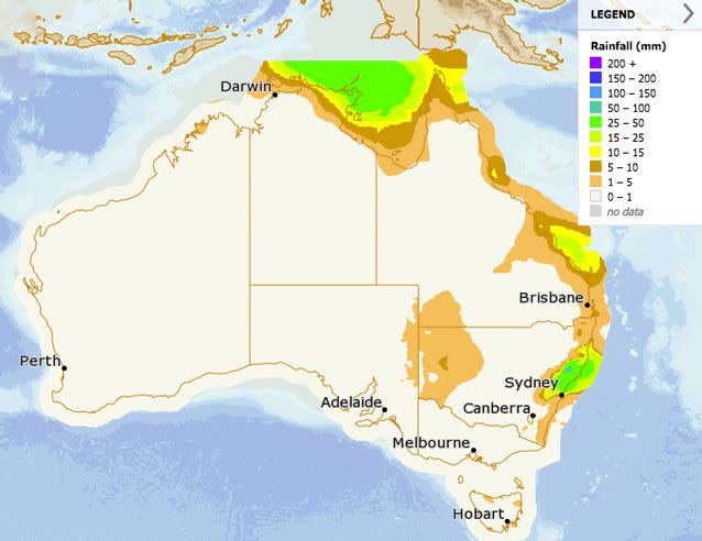 Heavy rain will saturate the NSW coast, just north of Sydney, on Wednesday. Source: Bureau of Meteorology