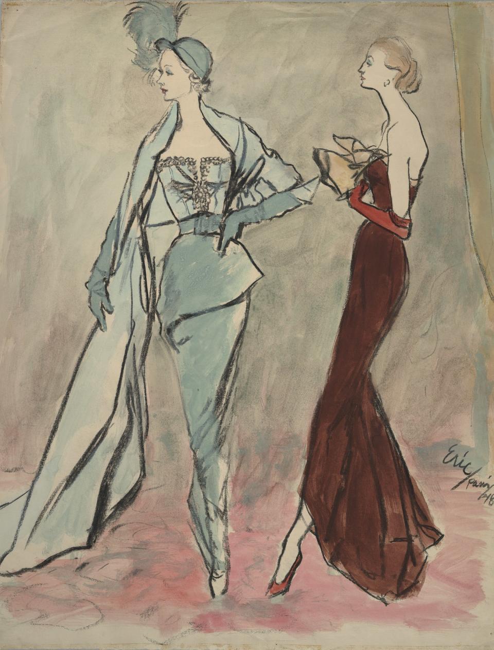 “Paris Dressed to the Nines for Eight and After. Mermaid skirts. Left: Jacques Fath tops a sinuous velvet skirt with a satin bodice, squared and slit, pearl-bead-embroidered; attaches a trailing satin stole; adds a feathered evening cloche of stitched net. Right: Balmain designs a close-clinging mermaid dress in brown velvet, the strapless bodice topped by a bias fold and big, jutting bow of beige satin, the skirt curved up in front, flipping out below the knee in back—his new line.”