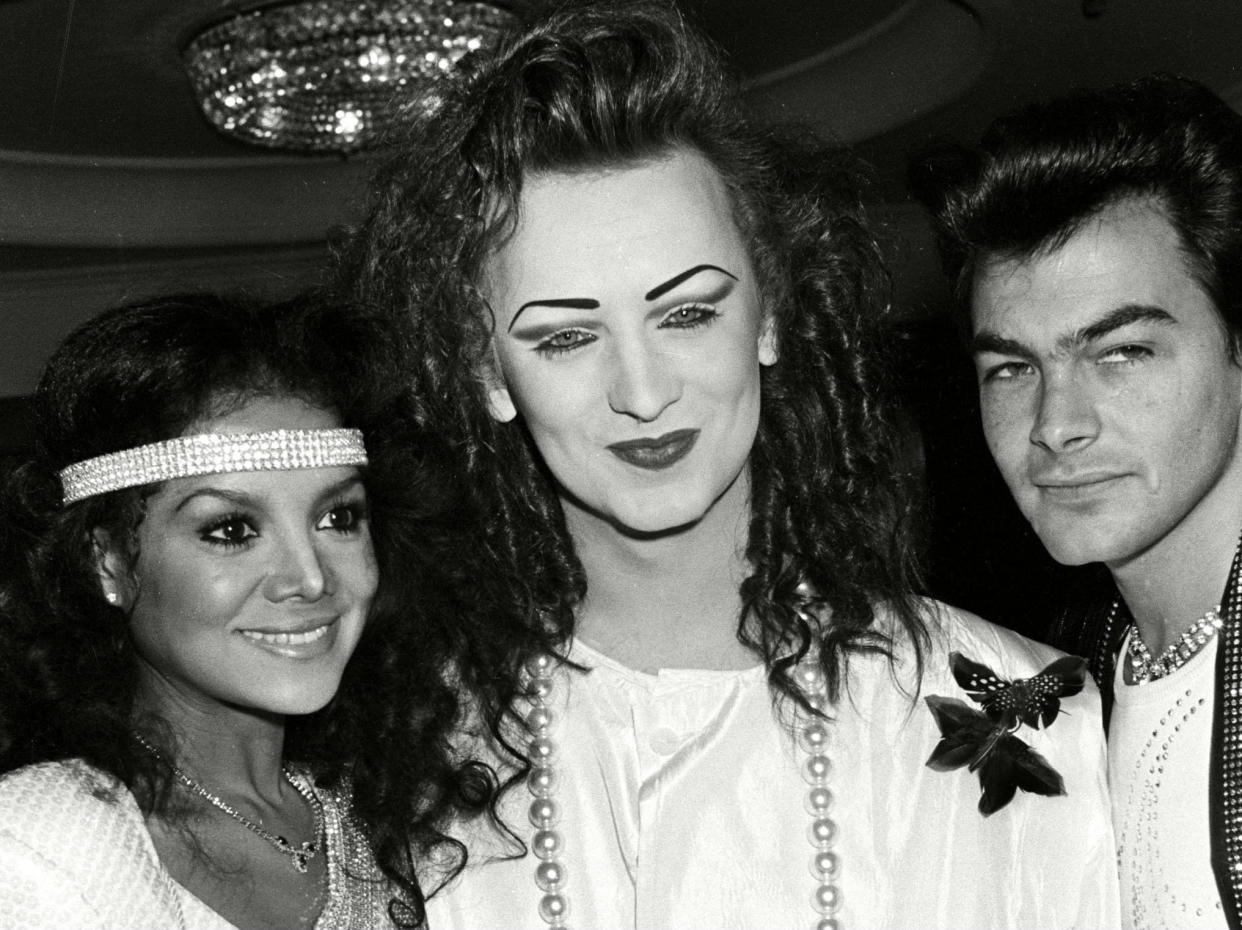 <p>Latoya Jackson, Boy George and Jon Moss of Culture Club back stage at the Brits. (Alan Davidson / Silverhub/REX/Shutterstock) </p>