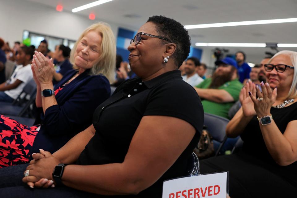 Former Duval County Public School Superintendents Diana Greene, center, and Dana Kriznar, left, were side-by-side during a ribbon-cutting ceremony last month marking the opening of the new Highlands Estates Academy. Greene retired in 2023 and was succeeded by Kriznar, who was succeeded in July by Superintendent Christopher Bernier.