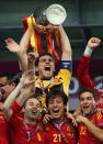 Captain Iker Casillas of Spain lifts the trophy after victory during the UEFA EURO 2012 final match between Spain and Italy at the Olympic Stadium on July 1, 2012 in Kiev, Ukraine. (Photo by Alex Livesey/Getty Images)