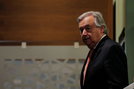 United Nations (U.N.) Secretary General Antonio Guterres arrives to speak in response to a speech by U.S. President Donald Trump recognizing Jerusalem as the capital of Israel in New York, U.S., December 6, 2017. REUTERS/Lucas Jackson