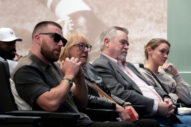 <p>AP Photo/Matt Rourke</p> (L-R) Travis, Donna, Ed and Kylie Kelce listen as Jason Kelce retires from the NFL