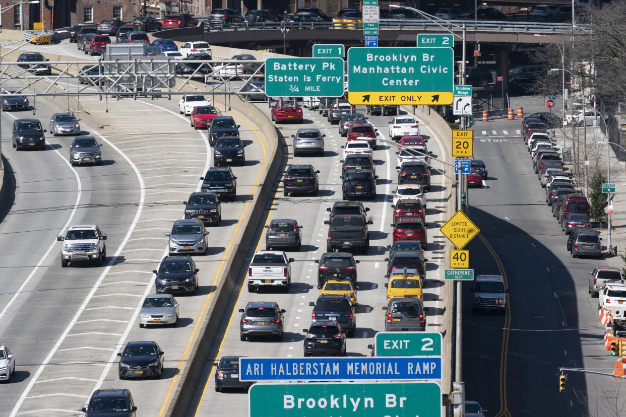 Vehicles drive along the FDR Drive in New York, part of the city's aging infrastructure, Tuesday, April 6, 2021. With an appeal to think big, President Joe Biden is promoting his $2.3 trillion infrastructure plan directly to Americans. Republicans oppose Biden's American Jobs Plan as big taxes, big spending and big government. (AP Photo/Mark Lennihan)