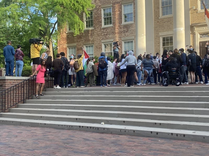 Protestors are now outside the South Building on UNC Chapel Hill’s campus demanding to speak to administrators. (Joseph Holloway / CBS 17)