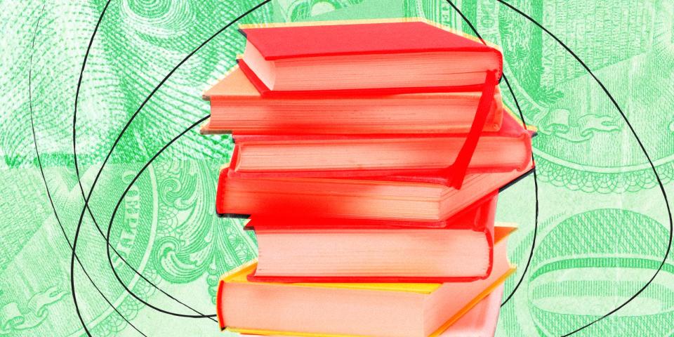 A red-tinted stack of books against a green background made up of collaged close-ups of a 100 dollar bill