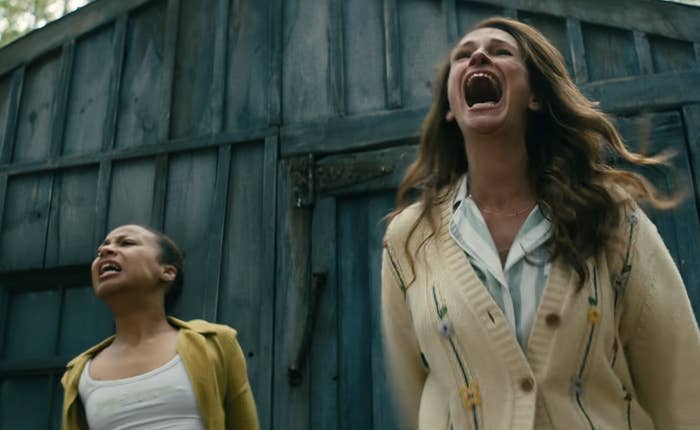 Amanda and Ruth screaming outside of the shed