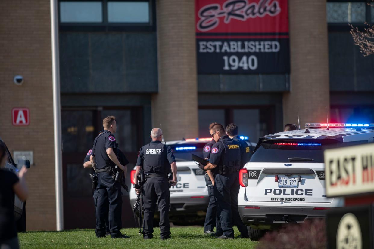 Rockford police and other area law enforcement agencies respond to a false report of an active shooter at East High School on Wednesday, April 12, 2023, in Rockford.