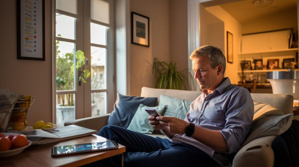 A patient sitting in their home with the phone app open, tracking their diabetes in real-time.