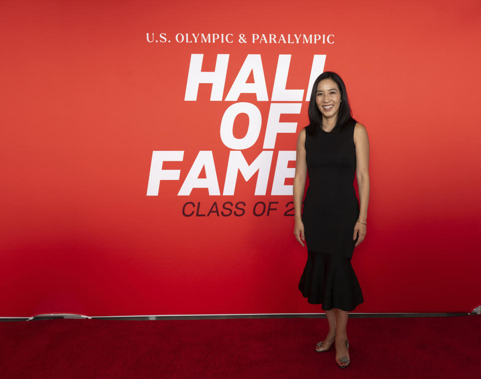 In a photo provided by the U.S. Olympic & Paralympic Committee, Michelle Kwan arrives for the U.S. Olympic and Paralympic Hall of Fame induction ceremony in Colorado Springs, Colo., Friday, June 24, 2022. (Mark Reis/U.S. Olympic & Paralympic Committee via AP)