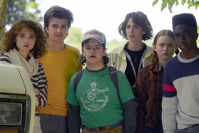 <p>Tina Rowden/Netflix</p> (L-R) Natalia Dyer as Nancy Wheeler, Joe Keery as Steve Harrington, Gaten Matarazzo as Dustin Henderson, Maya Hawke as Robin Buckley, Sadie Sink as Max Mayfield and Caleb McLaughlin as Lucas Sinclair in 'Stranger Things'