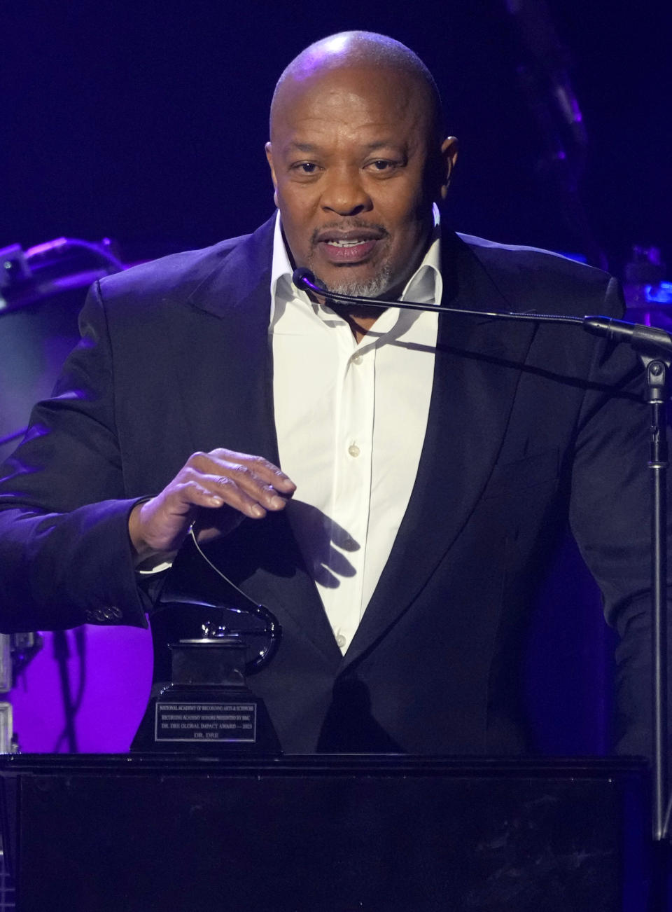 Dr. Dre accepts the Recording Academy global impact award at the Black Music Collective on Thursday, Feb. 2, 2023, at The Hollywood Palladium in Los Angeles. (AP Photo/Chris Pizzello)