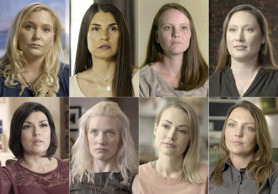 Esta combinación de fotografías proporcionadas por Lifetime presenta participantes en la docuserie "Surviving Jeffrey Epstein" de izquierda aderecha comenzando por la fila superior Virginia Roberts Giuffre, Teresa Helm, Jena Lisa Jones, Kiki, Rachel Benavidez, Marijke Chartouni, Chaunte Davies, y Courtney Wild. La serie se estrena el domingo. (Lifetime via AP)